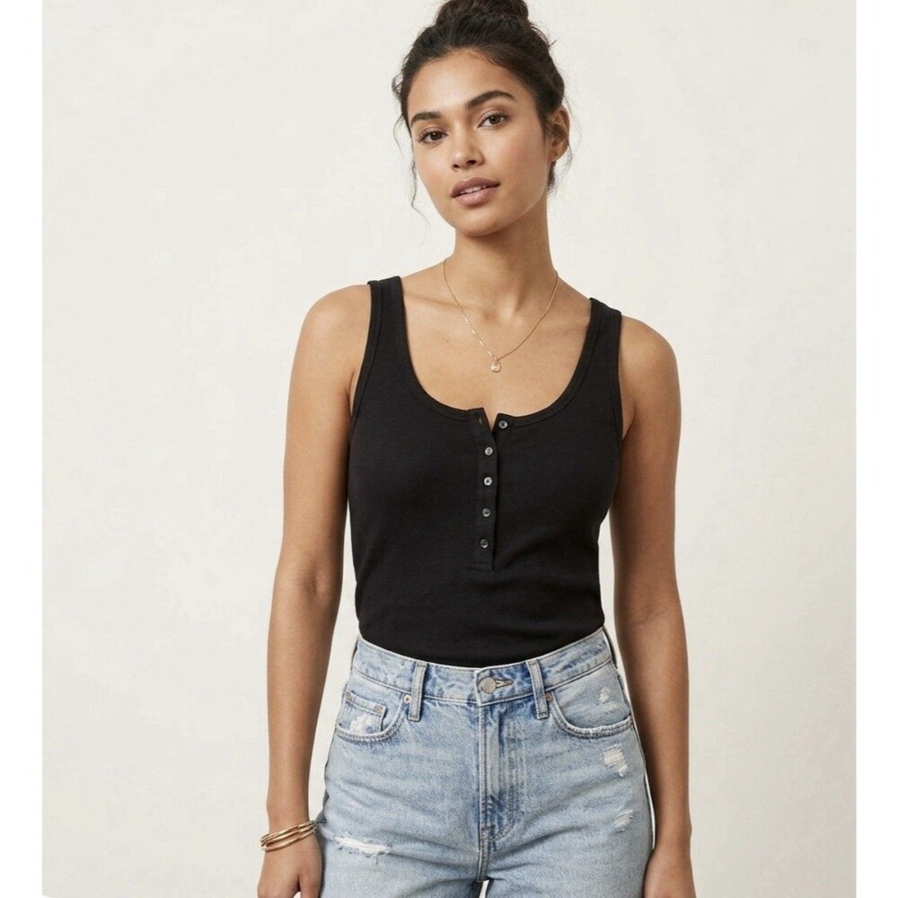 NWT Banana Republic 100% Cotton Black Sleeveless Top Button Tank Size Medium M
